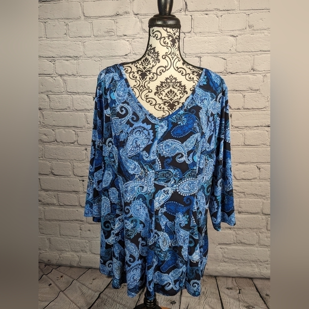 Roz & Ali women's long sleeve stretch knit paisley print plus size 2x top BBIN